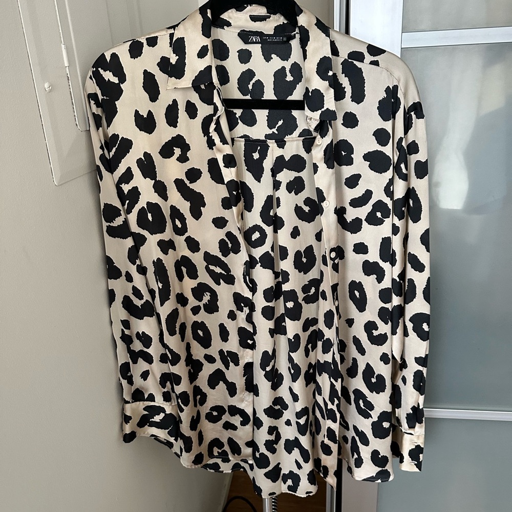 Animal print satin button up blouse